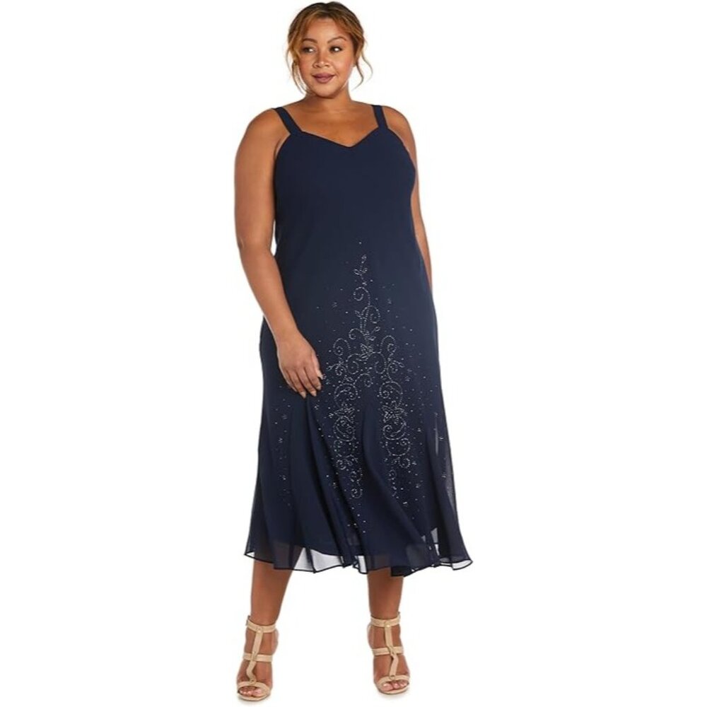 R&M Richards Beaded Slip Chiffon Dress Size‎ 16 Navy Blue